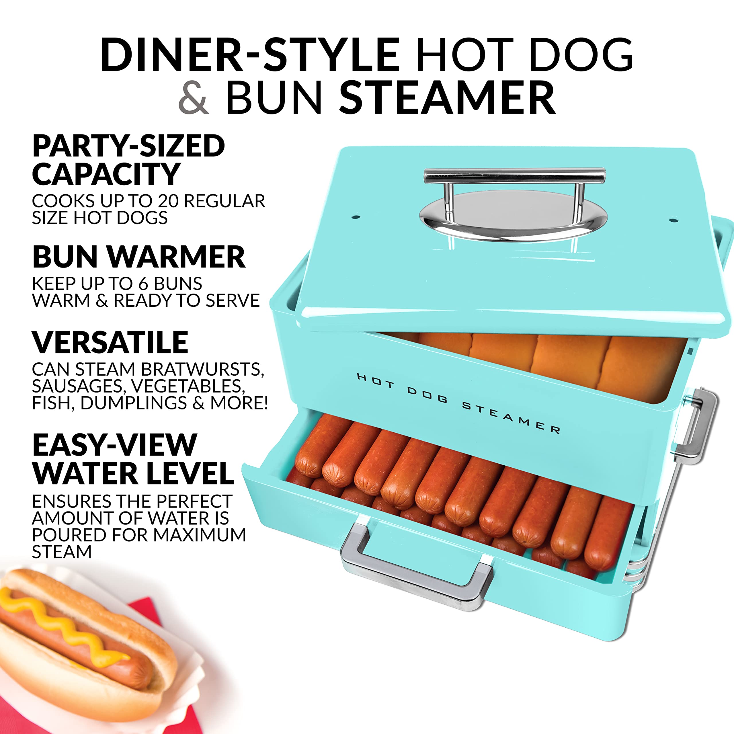 Nostalgia Extra Large Diner-Style Steamer, 20 Hot Dogs And 6 Bun Capacity, Perfect For Breakfast Sausages, Brats, Vegetables, Fi